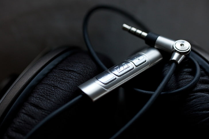 black and silver headphones, Sennheiser, music, indoors, close-up