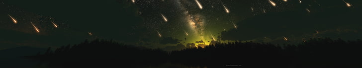 falling meteor wallpaper, panoramic photography of mountains at nighttime