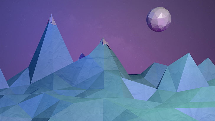 blue and purple paper mountain wallpaper, green geometric mountain and moon