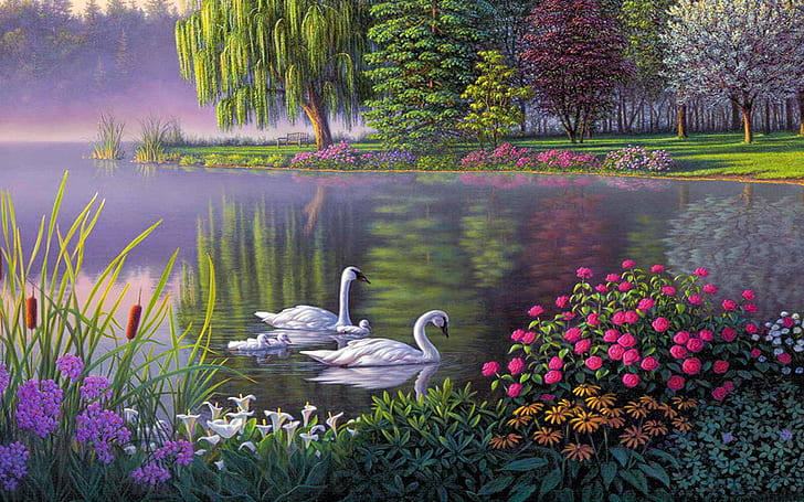 Landscape-swan-lake-trees-flowers-art-Wallpaper HD-1920×1200, HD wallpaper