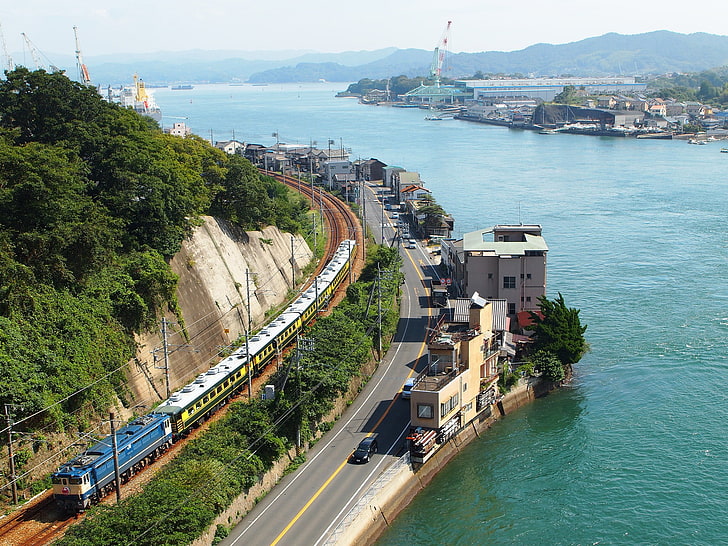 gray and blue train, Japan, cityscape, railway, water, high angle view