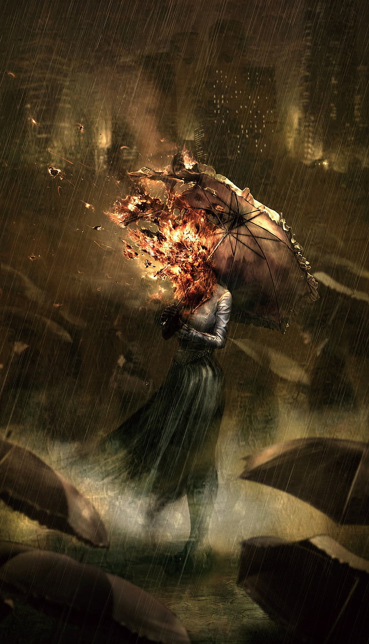 burning woman with umbrella during rainy season wallpaper, fire