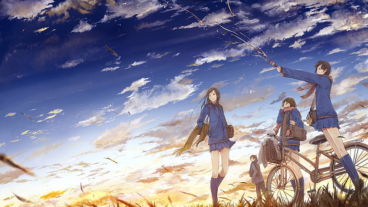 three female anime character standing on grass field illustration