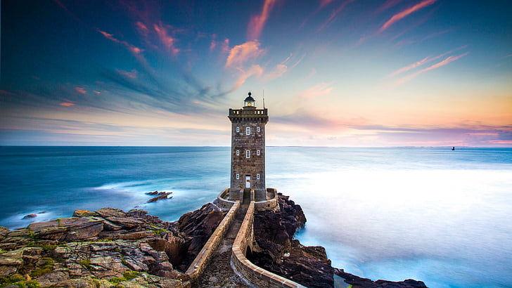 lighthouse, coast, sky, rocky, sea, france, lighthouse of kermorvan