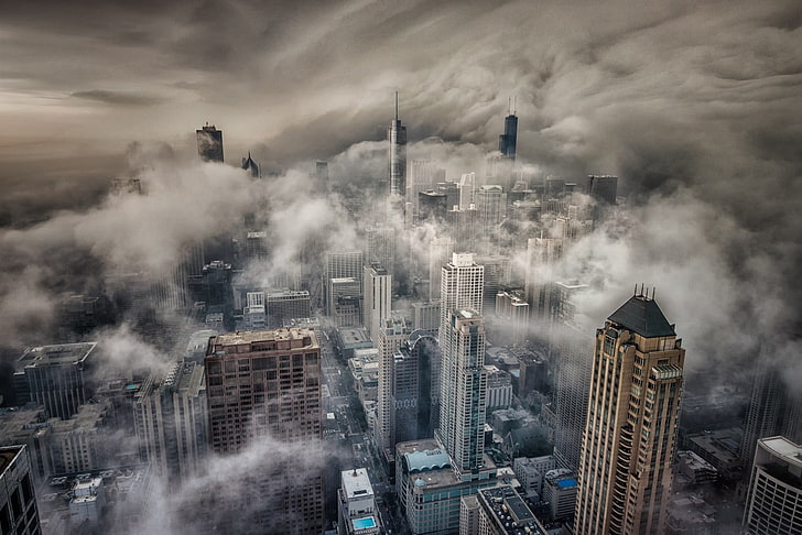 high-raise concrete buildings, Chicago, city, mist, clouds, depth of field