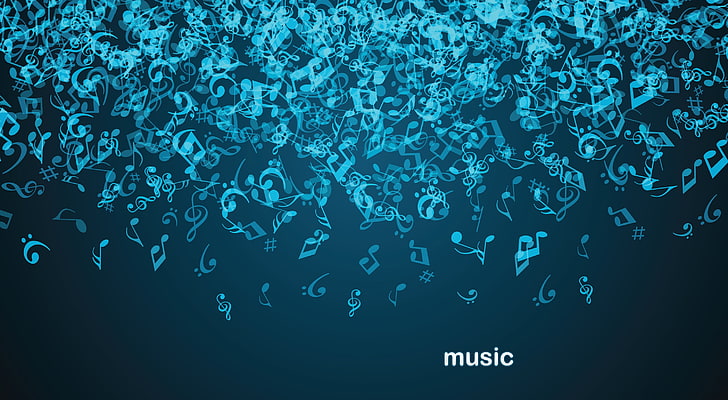 blue music notes illustration with text overlay, teal music notes digital wallpaper