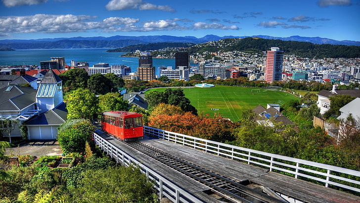 train on rail, architecture, building, Wellington, New Zealand