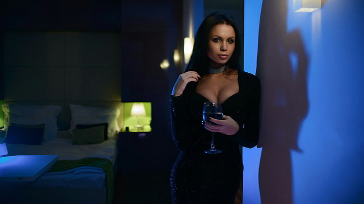 Anton Shabunin, women, model, drinking glass, blue, cleavage, HD wallpaper