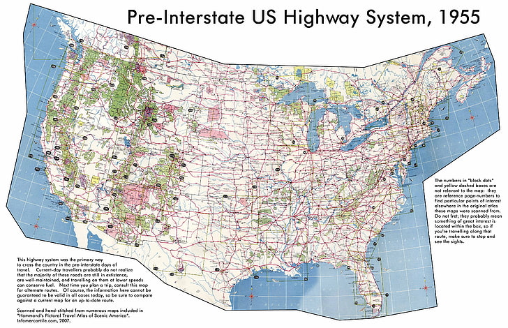 1955 Pre-Interstate US Highway System map, USA, guidance, text