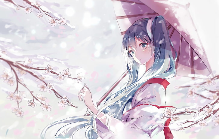 Vocaloid Hatsune Miku Snow Traditional Clothing Umbrella Kimono 1080p 2k 4k 5k Hd Wallpapers Free Download Wallpaper Flare