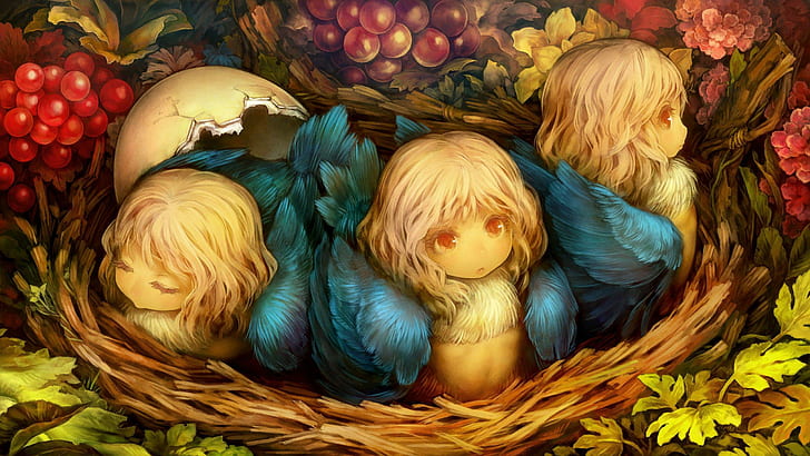 Bird girls, egg and girls in birds nest illustration, fantasy, HD wallpaper