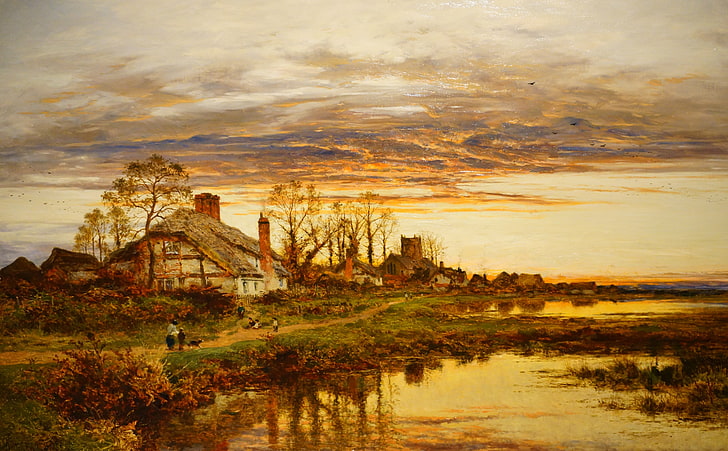 Autumn Evening In Worcestershire Painting, white and brown house and farm painting