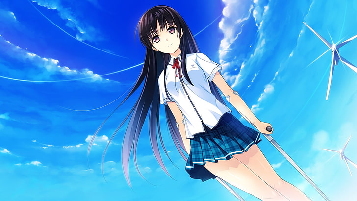 anime girls, school uniform, clouds, long hair, schoolgirl, HD wallpaper