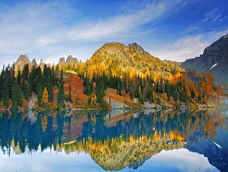 blue, lake, reflection, Washington state, sunlight, mountains