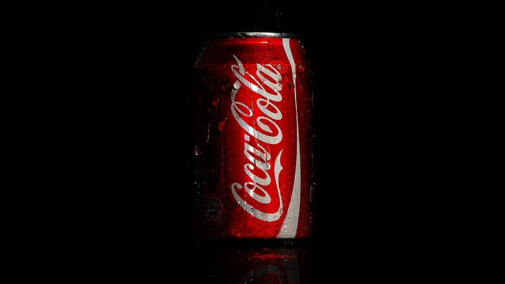 Coca-Cola soda can, drops, macro, drink, brand-name, editorial, HD wallpaper