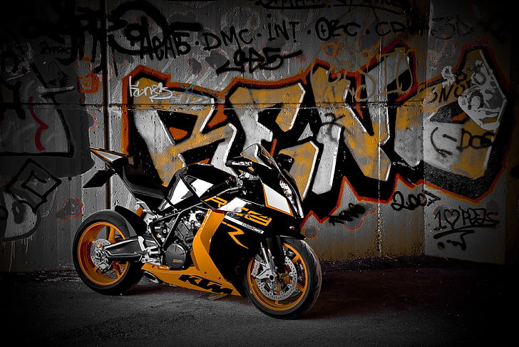 HD wallpaper: white and orange KTM RC sportbike, wall, black, motorcycle,  graffiti | Wallpaper Flare