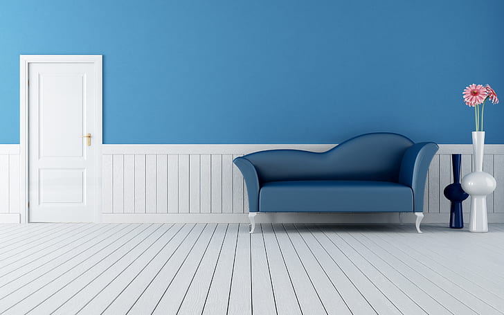 Modern Sofa Design, waiting room, background, blue sofa, room furniture, HD wallpaper