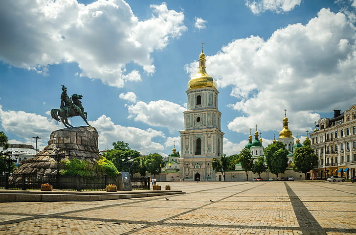 Ukraine, Kiev, Sofias Square, St. Sophia Cathedral, Bogdan Khmelnitsky monument, HD wallpaper
