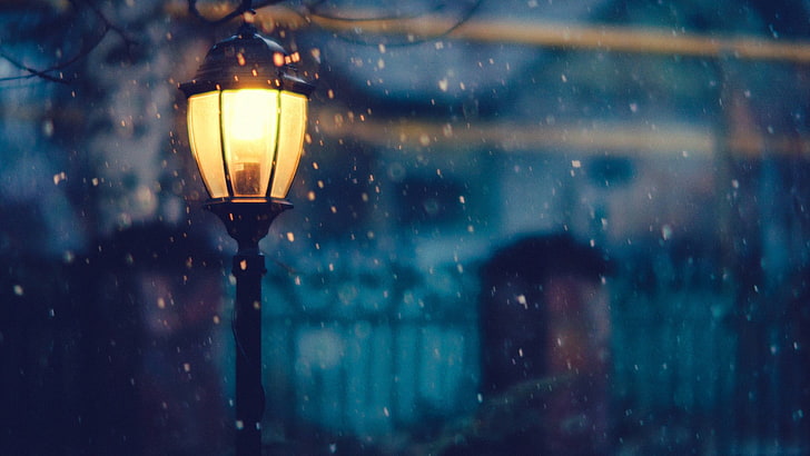 black lamp post, urban, snow, lantern, nature, street light, night, HD wallpaper