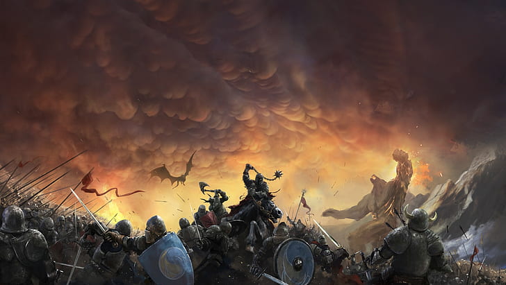 The sky, Dragon, War, Armor, Clouds, Battle, Soldiers, Knights