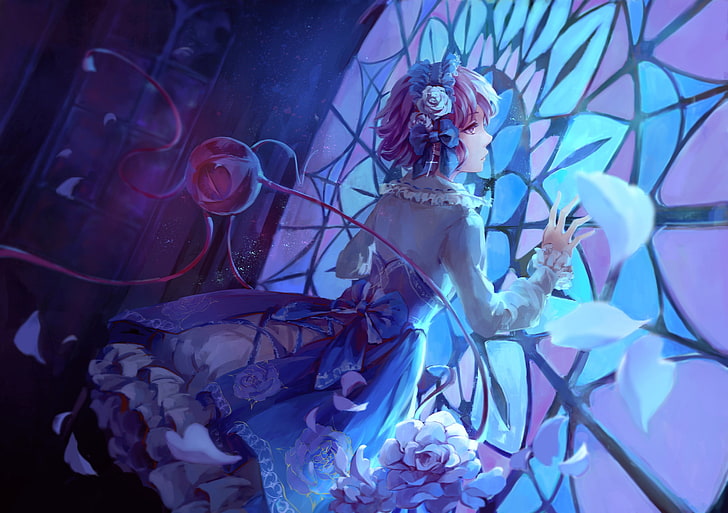 anime girls, stained glass, Komeiji Satori, Touhou, flowering plant, HD wallpaper