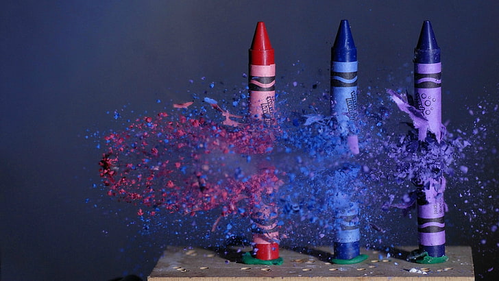 three assorted-color broken crayons, ammunition, freeze frame