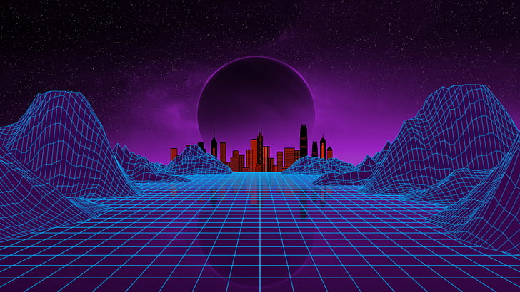 Hd Wallpaper Synthwave Retrowave Grid Mountains City Wallpaper Flare