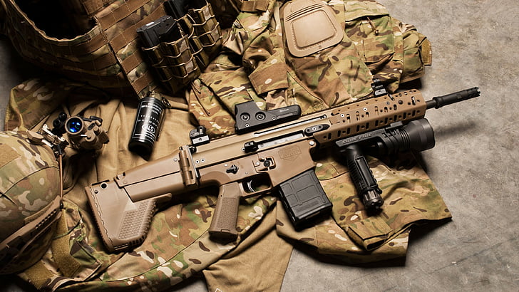 brown and black airsoft rifle set, FN SCAR, assault rifle, modular rifle