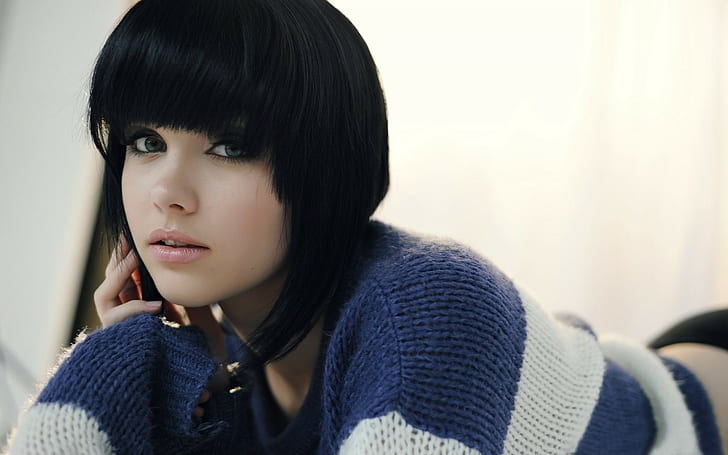 black hair, blue eyes, sweater, Melissa Clarke, model, women, HD wallpaper