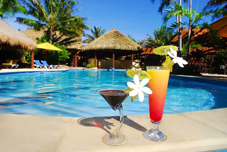 Cocktails by the Pool, island, smoothies, drinks, swimming, exotic, HD wallpaper