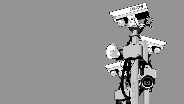CCTV camera animated illustration, dystopian, 1984, technology