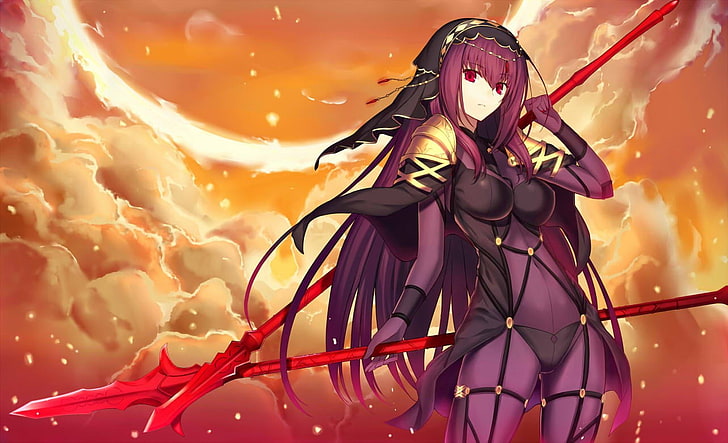 purple-haired female anime character holding two spears, Fate/Grand Order