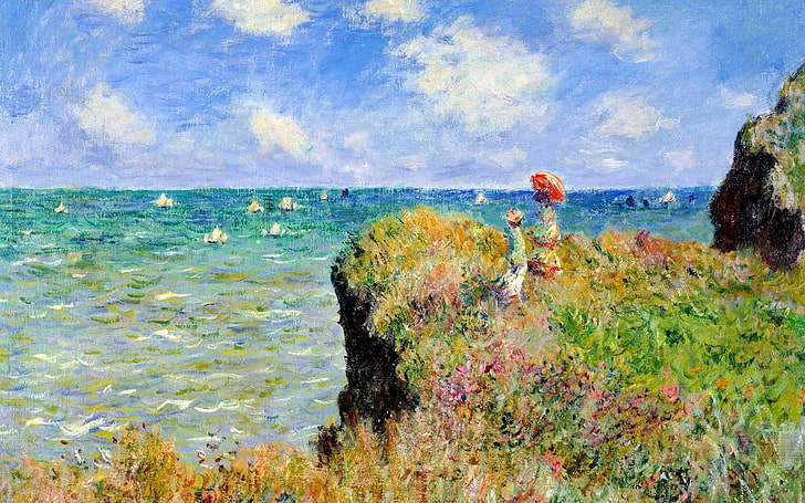 painting of two people on cliff, sea, Claude Monet, France, parasol
