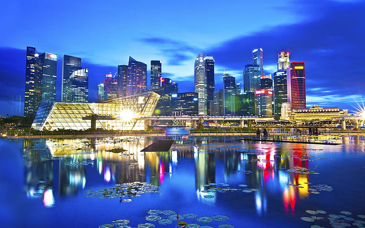 Travel city, Singapore, beautiful night, lights, skyscrapers, lake, reflection