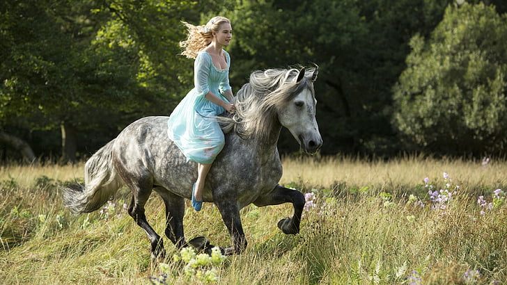 woman in blue dress riding on gray horse, Cinderella, Best Movies of 2015, HD wallpaper