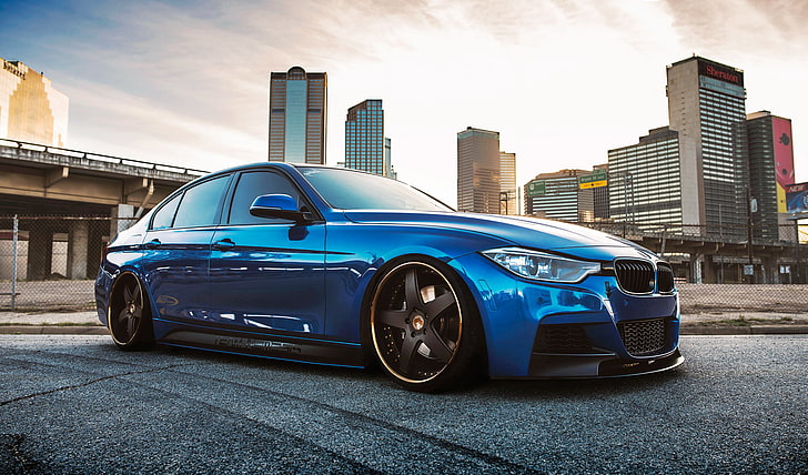 blue BMW 4-Series sedan, 335i, stance, f30, frontside, car, sports Car