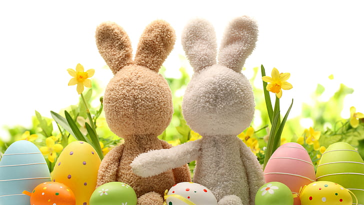 Happy Easter, eggs, decoration, rabbit, flowers, HD wallpaper