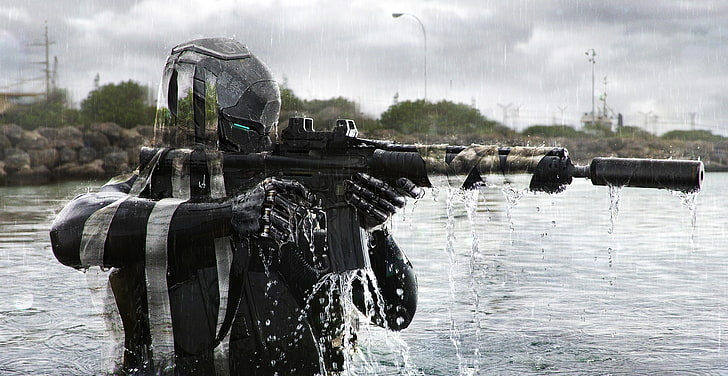 man holding rifle game wallpaper, artwork, futuristic, soldier, HD wallpaper