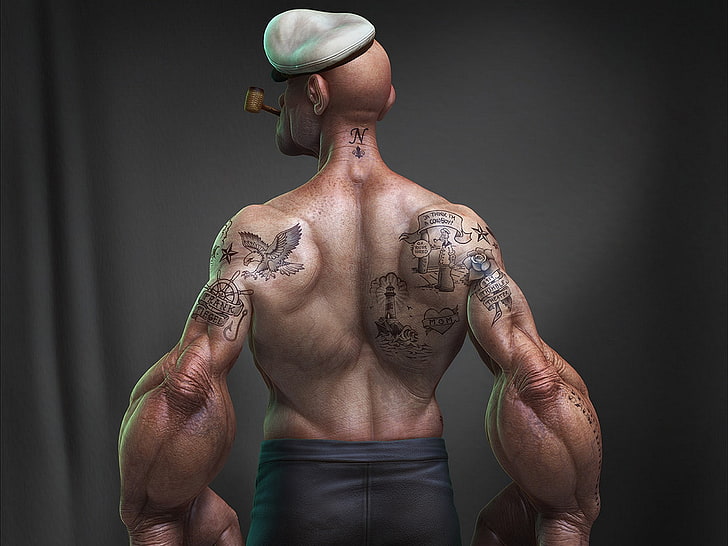 popeye, shirtless, muscular build, tattoo, one person, indoors