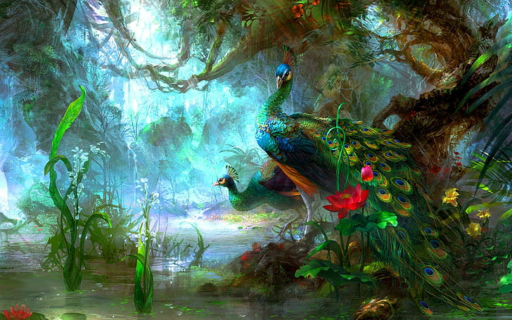 birds, colorful, flowers, forest, green, peacocks, trees