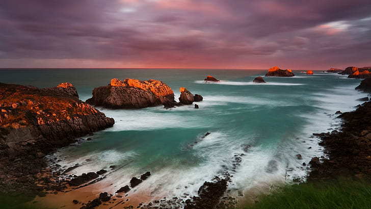Fabulous Sunset In Cantabria Spain, rocks, coast, clouds, nature and landscapes, HD wallpaper