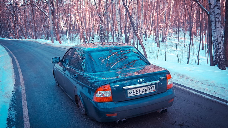 black sedan, car, Russian cars, LADA, VAZ, LADA PRIORA, tree, HD wallpaper