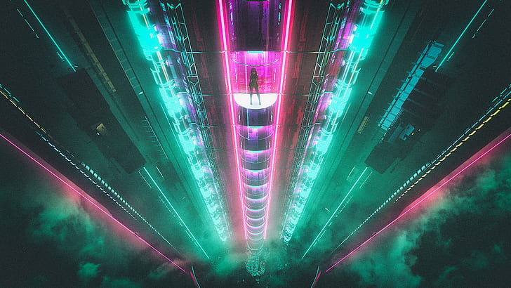 video game screenshot, David Legnon, cyberpunk, illuminated, multi colored