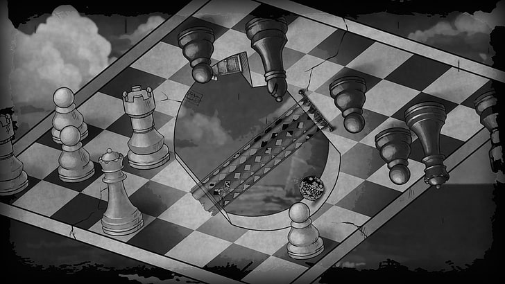 optical illusion, monochrome, chess, board games, pawns, curtains