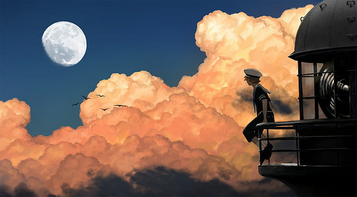 person on railing digital wallpaper, anime, sky, moon, cloud - sky