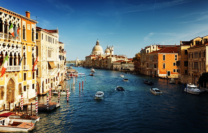 assorted-color boat lot, italy, houses, river, sky, venice - Italy, HD wallpaper