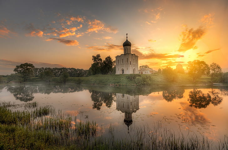 Orthodoxy, Church, Russia, river, spring, morning, reflection