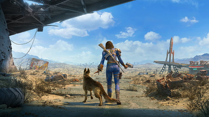 man beside the German shepherd digital wallpaper, Fallout 4, Dogmeat