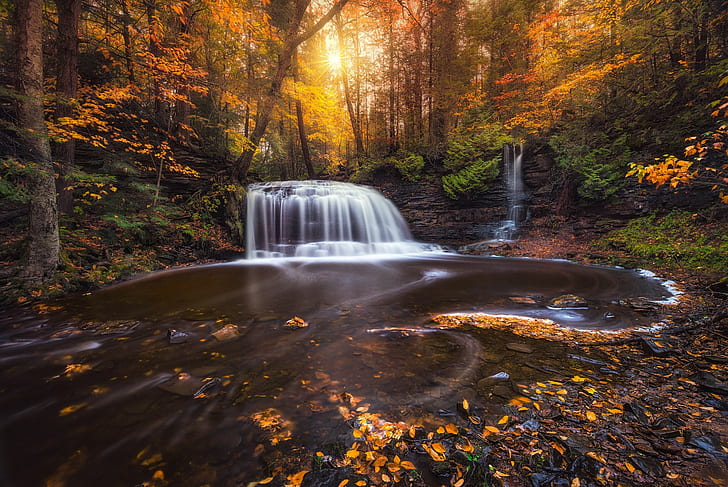 leaves, Michigan, waterfall, photography, colorful, landscape, HD wallpaper