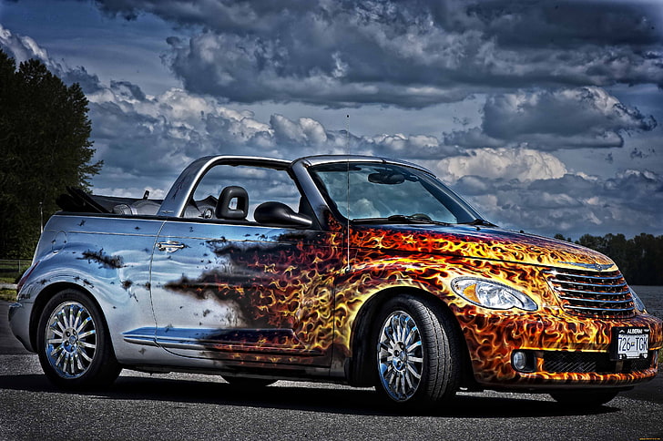red and blue car, FIRE, The SKY, CLOUDS, FLAME, AIRBRUSHING, CONVERTIBLE, HD wallpaper